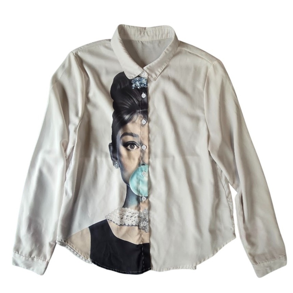 Audrey Hepburn Graphic Blouse Women L Button Front White Pop Art Glam Kitschy